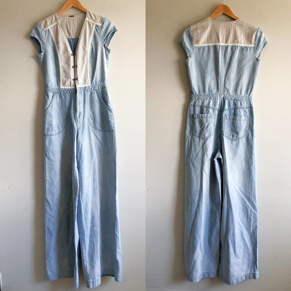 Free People On The Road Wide Leg Vintage Chambray Denim Jumpsuit $198 Size S - Picture 2 of 4